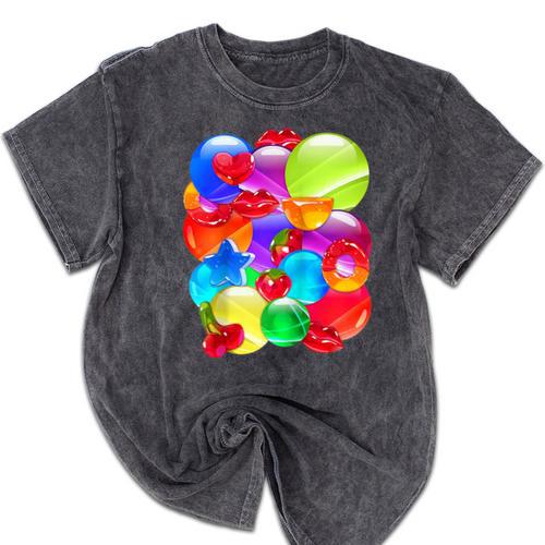 Frutiger Aero Aesthetic Tech Orb Pattern Heart Cherry Lips Raglan Baseball Tee Mineral Wash Tshirts - Figerry