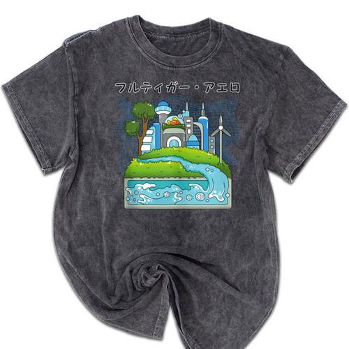 Future City Wind Power Frutiger Aero Y2K Style Ocean Mineral Wash Tshirts - Figerry