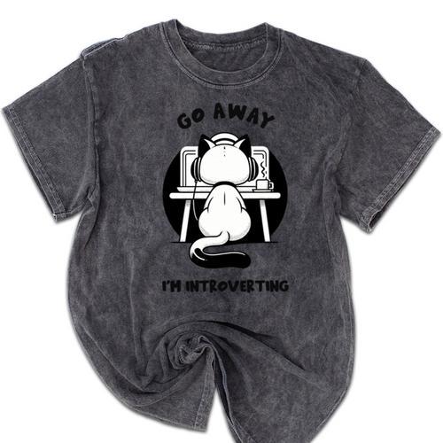 Go Away I'm Introverting Cat With Coffee Mineral Wash Tshirts - Raresse