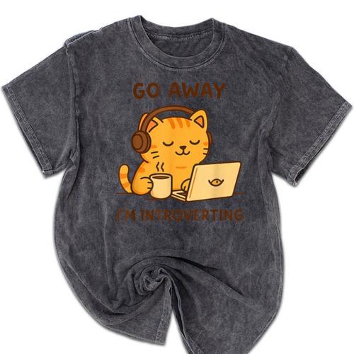 Go Away I'm Introverting Cozy Cat With Laptop And Coffee Mineral Wash Tshirts - Raresse