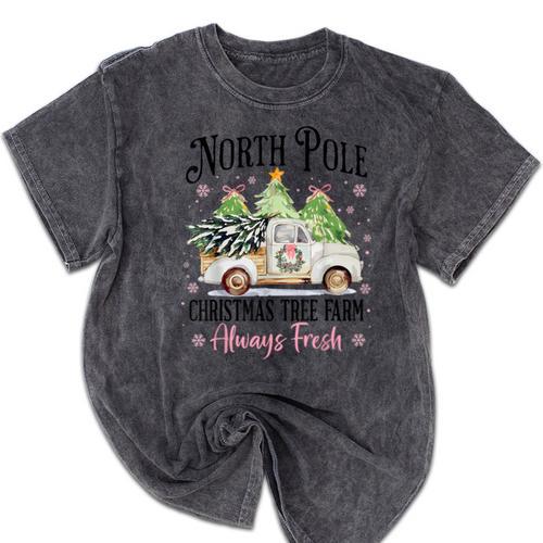 Holiday Scene Nostalgia North Pole Tree Farm Merry Christmas Mineral Wash Tshirts - Figerry
