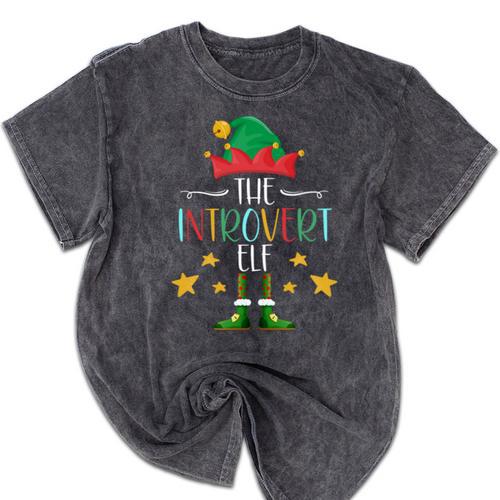 The Introvert Elf Christmas Family Matching Fun Xmas Top Mineral Wash Tshirts - Raresse