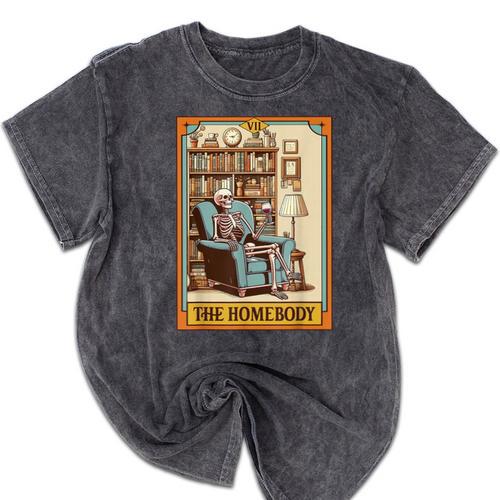 Introvert Homebody Awkward Skeleton The Homebody Tarot Card Mineral Wash Tshirts - Raresse