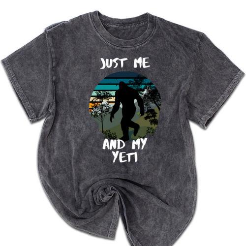 Just Me And My Yeti Retro Sunset Mountain Hiking Introvert Mineral Wash Tshirts - Raresse