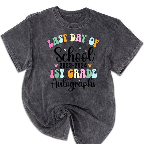 Last Day Autographs 1st Grade Graduation Boys Girls Groovy Mineral Wash Tshirts - Best Gift Smart