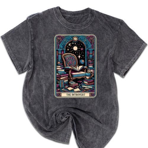 Mystical Library Book Reader The Introvert Tarot Card Mineral Wash Tshirts - Raresse