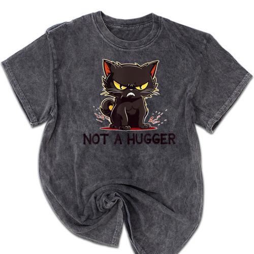 Not A Hugger Tee Angry Cat Sarcastic Cute Introvert Mineral Wash Tshirts - Raresse