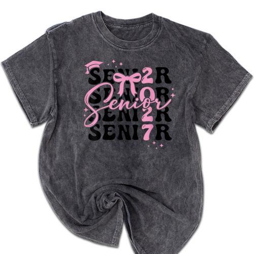 Senior 2027 Class Of 2027 Coquette Pink Bow Graduation 2027 Mineral Wash Tshirts - Best Gift Smart