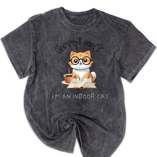 Sorry I Can't Indoor Cat Top For Introvert With Coffee Book Mineral Wash Tshirts - Raresse