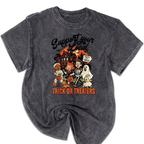 Support Your Local Trick Or Treaters Retro Spooky Nostalgia Mineral Wash Tshirts - Figerry