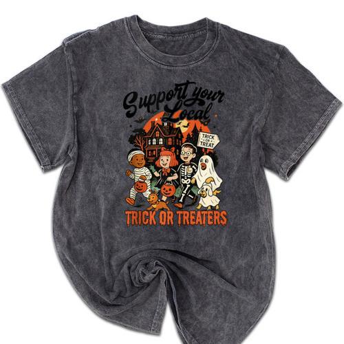 Support Your Local Trick Or Treaters Retro Spooky Nostalgia Mineral Wash Tshirts - Figerry