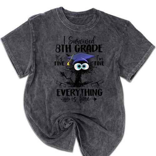 I Survived 8th Grade Graduated Cat Graduation Mineral Wash Tshirts - Best Gift Smart