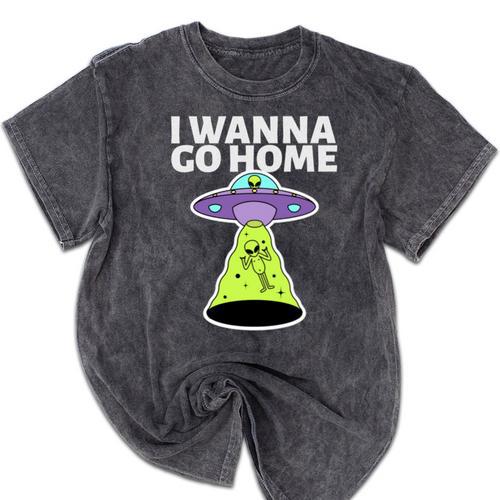 I Wanna Go Home Introvert UFO UAP Flying Saucer Trippy Alien Mineral Wash Tshirts - Raresse