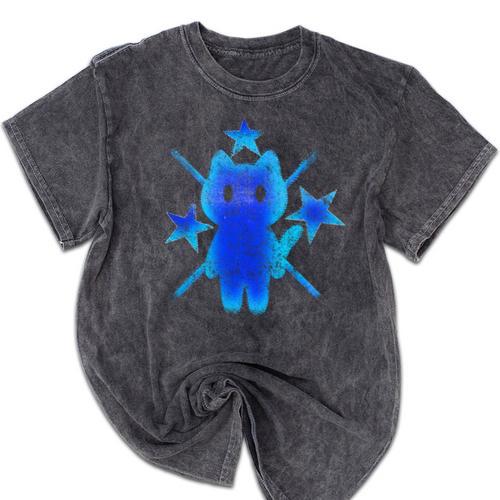 Yk2 Grunge Earthy Blue Cat With Stars Tomboy 90s Nostalgia Mineral Wash Tshirts - Figerry