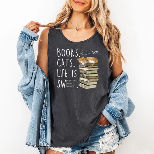 Book Lovers Books Cats Life Is Sweet Cat Lover Comfort Colors Tank Top - Bookorys CA