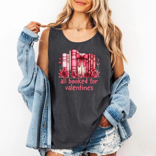All Booked For Valentines Coquette Bow Book Lover Bookworm Comfort Colors Tank Top - Bookorys