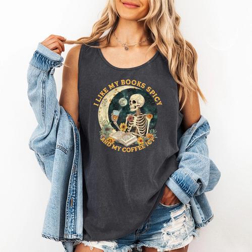 I Like My Books Spicy & My Coffee Icy Skeleton Read Book Comfort Colors Tank Top - Bookorys