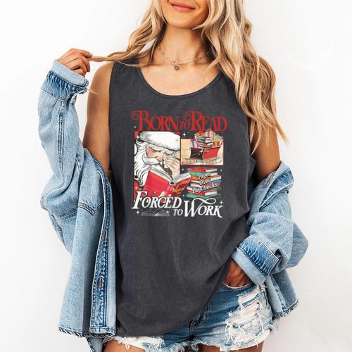 Born To Read Forced To Work Santa Christmas Book Lover Retro Comfort Colors Tank Top - Bookorys