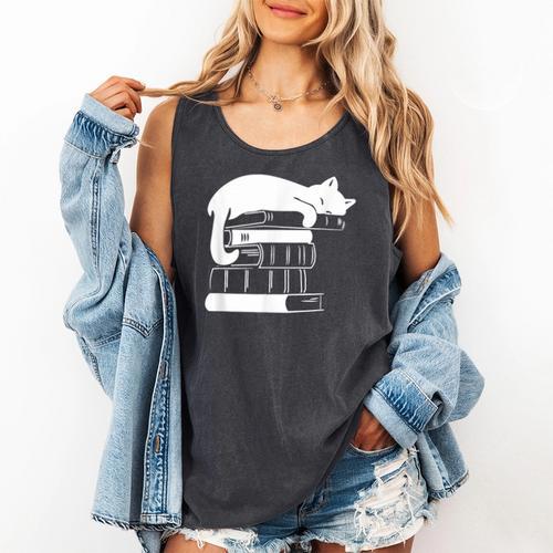 Cat Book Books And Cats Cat Lover Cat Mom Book Lovers Comfort Colors Tank Top - Bookorys AU