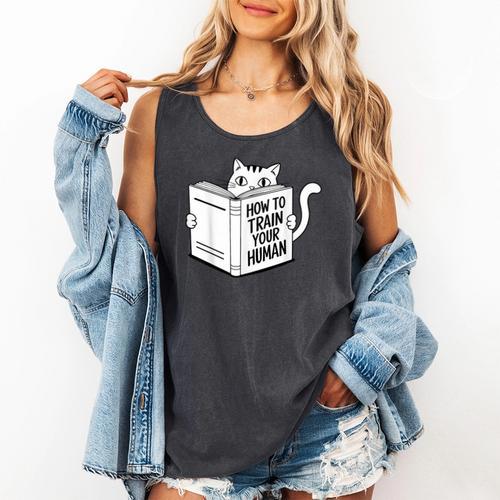 Cat Book Humor How To Train Your Human Comfort Colors Tank Top - Bookorys UK