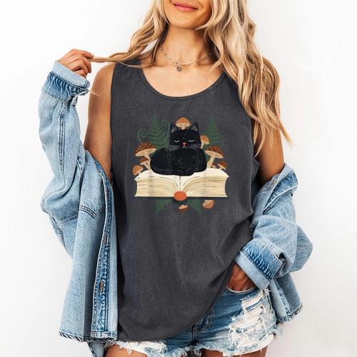 Cat On Open Book Mushrooms Ferns Dark Academia Comfort Colors Tank Top - Bookorys AU