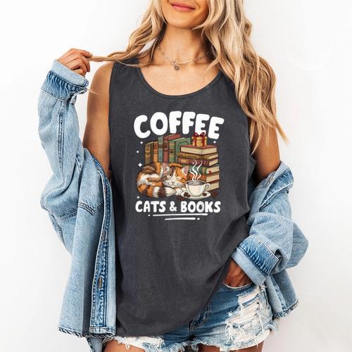 Coffee Cats And Books Cats And Reading Lovers Comfort Colors Tank Top - Bookorys