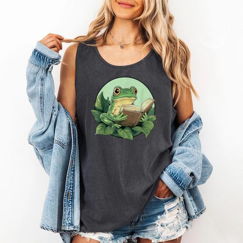 Cottagecore Frog Reading a Book Comfort Colors Tank Top - Bookorys