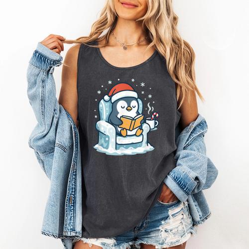 Cute Christmas Penguin Reading Book Cozy Winter Holiday Art Comfort Colors Tank Top - Bookorys CA