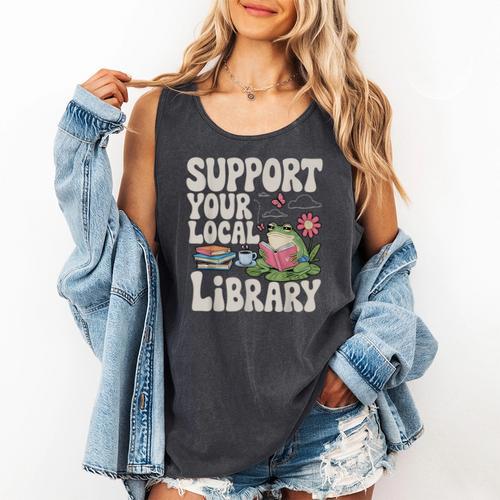 Cute Frog Support Your Local Library Librarian Book Lover Comfort Colors Tank Top - Bookorys CA