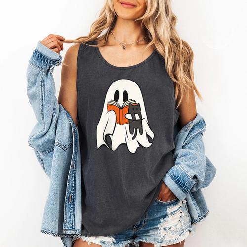 Cute Ghost Cat Reading Book Spooky Season Halloween Costume Comfort Colors Tank Top - Bookorys