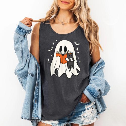 Cute Ghost Reading Book Spooky Season Halloween Costume Kids Comfort Colors Tank Top - Bookorys CA