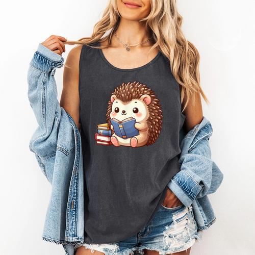 Cute Hedgehog Book Lover Readers Animal Reading Comfort Colors Tank Top - Bookorys CA