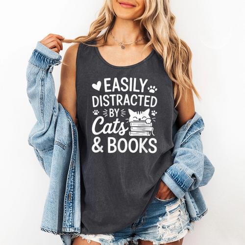 Easily Distracted By Cats And Books Reading Apparel Comfort Colors Tank Top - Bookorys