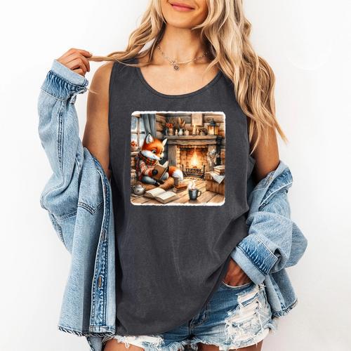 Fox Reads By Fireplace In Cabin Rustic Book Cozy Cup Tea Comfort Colors Tank Top - Bookorys
