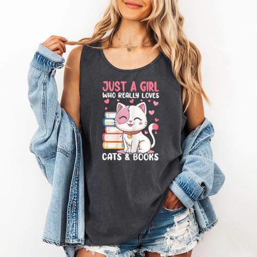 Girl Who Loves Cats And Books Cute Comfort Colors Tank Top - Bookorys AU