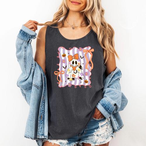 Preppy Coquette Bow Ghost Reading Books Halloween Book Comfort Colors Tank Top - Bookorys