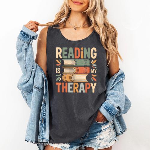 Reading Is My Therapy Book Lover Comfort Colors Tank Top - Bookorys DE