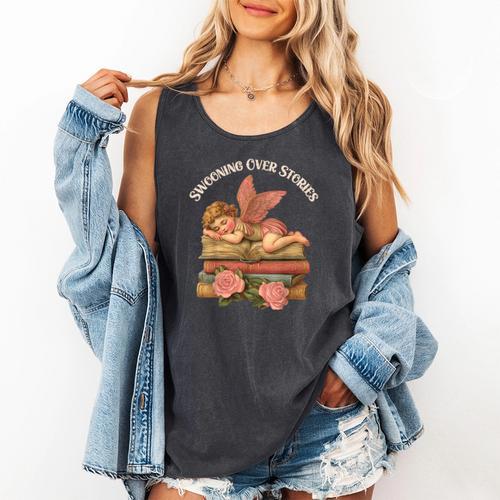 Valentine's Swooning Over Stories Cupid And Book Lover Tee Comfort Colors Tank Top - Bookorys