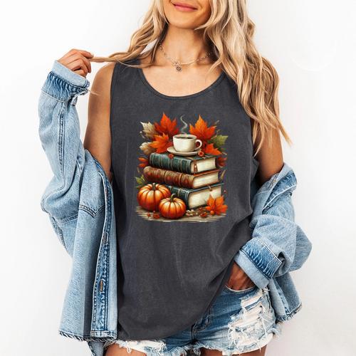 Vintage Autumn Books Coffee Pumpkin Fall Reading Comfort Colors Tank Top - Bookorys DE