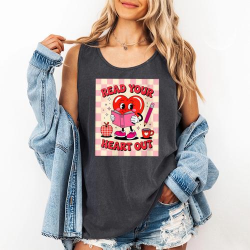 Women's Read Your Heart Out Groovy Bookish Valentine Day Women Girls Comfort Colors Tank Top - Bookorys DE