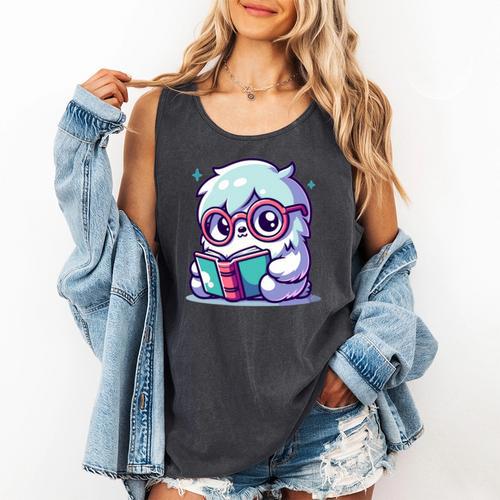 Adorable Book Lover Yeti With Reading Glasses Cute Comfort Colors Tank Top - Bookorys