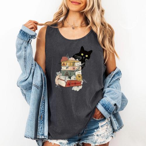 Cat And Books Flowers Reading Club Cat Lover Bookworm Comfort Colors Tank Top - Bookorys AU
