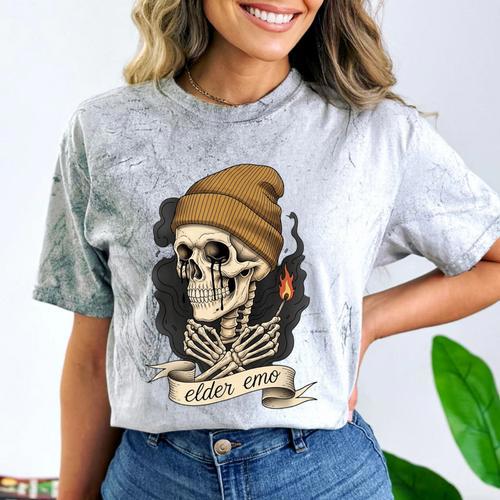 Elder Emo Skeleton Beanie Nostalgia Scene Aesthetic Comfort Color Blast T-Shirt - Figerry