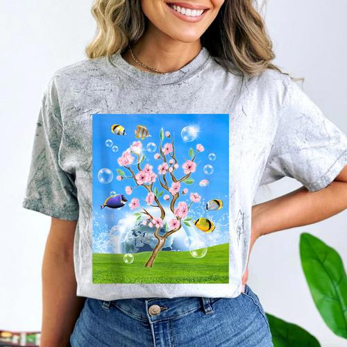 Frutiger Aero Aesthetic Tech Cherry Blossom Fishes Bubbles Comfort Color Blast T-Shirt - Figerry