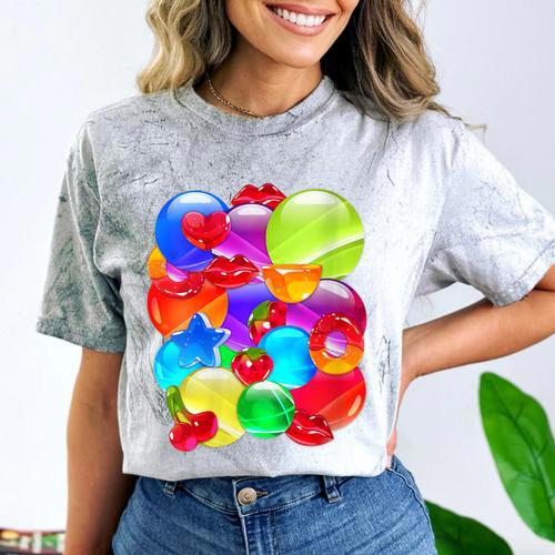 Frutiger Aero Aesthetic Tech Orb Pattern Heart Cherry Lips Comfort Color Blast T-Shirt - Figerry