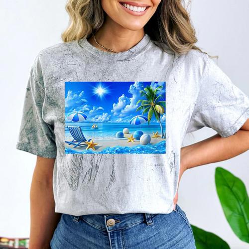 Frutiger Aero Beach Y2k Aesthetic Palm Tree Sand Ocean Comfort Color Blast T-Shirt - Figerry