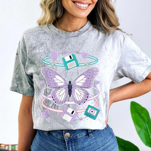 Y2K Butterfly Floppy Disk Art Digital Nostalgia Comfort Color Blast T-Shirt - Figerry
