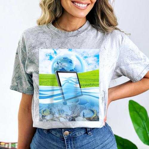 Frutiger Aero Aesthetic Tech Water Fishes Monitor Screen Raglan Baseball Tee Comfort Color Blast T-Shirt - Figerry
