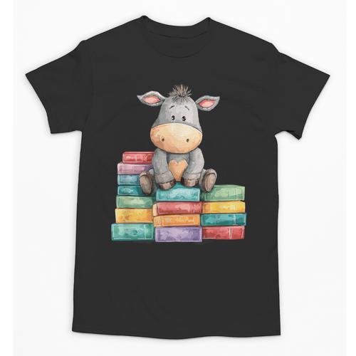 Adorable Donkey With Heart Sitting On Colorful Book Stack Unisex T-Shirt - Bookorys UK