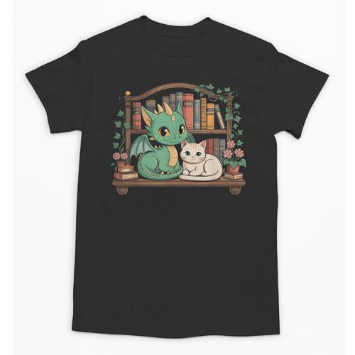 Boho Librarian Booklover Cottagecore Fantasy Book Dragon Cat Unisex T-Shirt - Bookorys AU